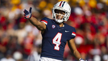 Nov 25, 2022; Tucson, Arizona, USA; Arizona Wildcats wide receiver Tetairoa McMillan (4) against the Arizona State Sun Devils during the Territorial Cup at Arizona Stadium.