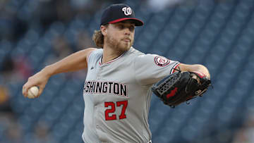 Sep 5, 2024; Pittsburgh, Pennsylvania, USA;  Washington Nationals starting pitcher Jake Irvin (27) delivers a pitch against the Pittsburgh Pirates during the first inning at PNC Park. 