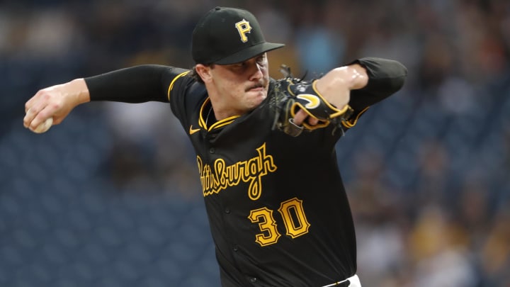 Jun 17, 2024; Pittsburgh, Pennsylvania, USA;  Pittsburgh Pirates starting pitcher Paul Skenes (30) delivers a pitch against the Cincinnati Reds during the first inning at PNC Park.
