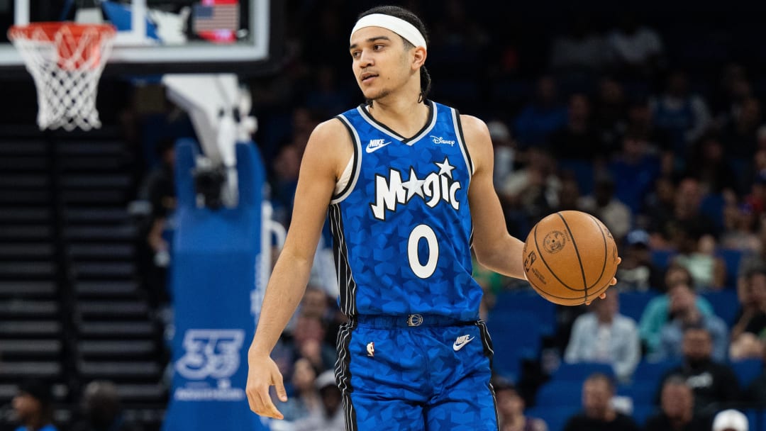 Mar 13, 2024; Orlando, Florida, USA; Orlando Magic guard Anthony Black (0) dribbles the ball against the Brooklyn Nets in the fourth quarter at Kia Center. Mandatory Credit: Jeremy Reper-USA TODAY Sports Mar 13, 2024; Orlando, Florida, USA; Orlando Magic guard Anthony Black (0) dribbles the ball against the Brooklyn Nets in the fourth quarter at Kia Center. Mandatory Credit: Jeremy Reper-USA TODAY Sports