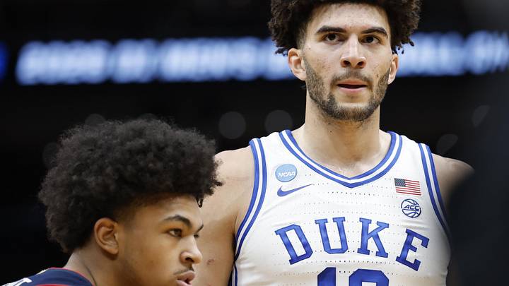 Mar 29, 2026; Washington, DC, USA; Duke Blue Devils forward Cameron Boozer (12) waits for the ball to be thrown into play as UConn Huskies forward Jaylin Stewart (3) defends in the first half during an Elite Eight game of the East Regional of the men's 2026 NCAA Tournament at Capital One Arena. Mandatory Credit: Amber Searls-Imagn Images