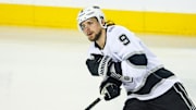 Jan 11, 2025; Calgary, Alberta, CAN; Los Angeles Kings right wing Adrian Kempe (9) skates during the warmup period against the Calgary Flames at Scotiabank Saddledome. Mandatory Credit: Sergei Belski-Imagn Images