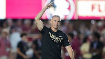Florida State Seminoles head coach Mike Norvell walks down the field. The Miami Hurricanes lead the Florida State Seminoles 14-3 at the half on Saturday, Oct. 4, 2025.
