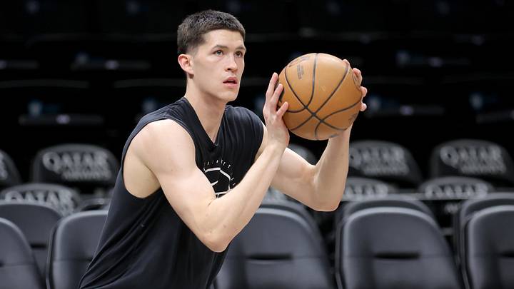 Feb 26, 2026; Brooklyn, New York, USA; Brooklyn Nets guard Egor Demin (8) warms up before a game against the San Antonio Spurs at Barclays Center. Mandatory Credit: Brad Penner-Imagn Images