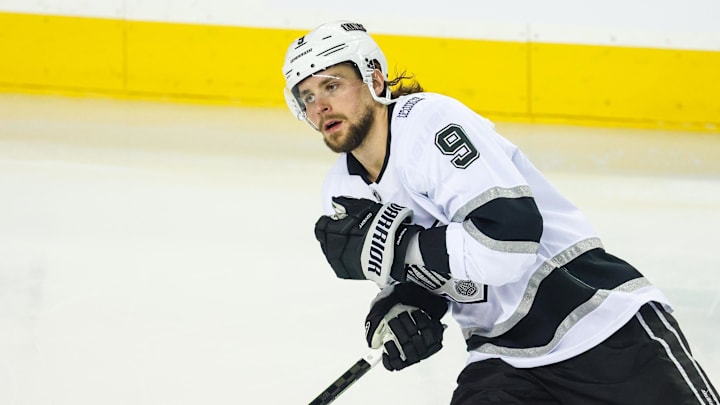 Jan 11, 2025; Calgary, Alberta, CAN; Los Angeles Kings right wing Adrian Kempe (9) skates during the warmup period against the Calgary Flames at Scotiabank Saddledome. Mandatory Credit: Sergei Belski-Imagn Images