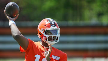 Cleveland Browns quarterback Shedeur Sanders (12) throws during day two of NFL rookie minicamp at the Cleveland Browns training facility on Saturday, May 10, 2025, in Berea, Ohio.