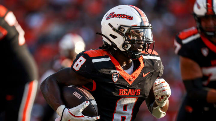 Oregon State Beavers running back Jam Griffin (8) carries the ball down the field during the second half of the game against Idaho State on Saturday, Aug. 31, 2024 at Reser Stadium in Corvallis, Ore.