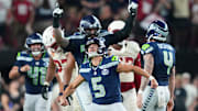 Sep 25, 2025; Glendale, Arizona, USA; Seattle Seahawks place kicker Jason Myers (5) celebrates after kicking a game-winning field goal against the Arizona Cardinals at State Farm Stadium.