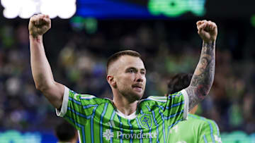 Sep 27, 2025; Seattle, Washington, USA; Seattle Sounders FC midfielder Albert Rusnak (11) celebrates after scoring a goal against the Vancouver Whitecaps during the second half at Lumen Field. Mandatory Credit: Joe Nicholson-Imagn Images