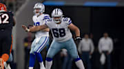 Sep 18, 2022; Arlington, Texas, USA; Dallas Cowboys guard Matt Farniok (68) in action during the game between the Dallas Cowboys and the Cincinnati Bengals at AT&T Stadium. Mandatory Credit: Jerome Miron-Imagn Images