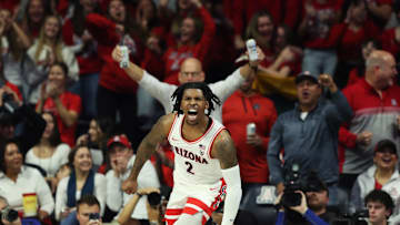 Dec 9, 2023; Tucson, Arizona, USA; Arizona Wildcats guard Caleb Love (2) celebrates a basket against the Wisconsin Badgers during the first half at McKale Center. Mandatory Credit: Zachary BonDurant-Imagn Images