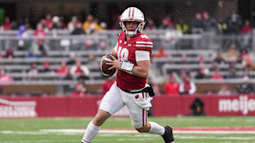 Nov 29, 2024; Madison, Wisconsin, USA;  Wisconsin Badgers quarterback Braedyn Locke (18) looks to throw a pass during the fourth quarter against the Minnesota Golden Gophers at Camp Randall Stadium. Mandatory Credit: Jeff Hanisch-Imagn Images