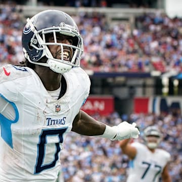 Tennessee Titans wide receiver Calvin Ridley (0) brings in a touchdown against the New York Jets during the third quarter at Nissan Stadium in Nashville, Tenn., Sunday, Sept. 15, 2024.