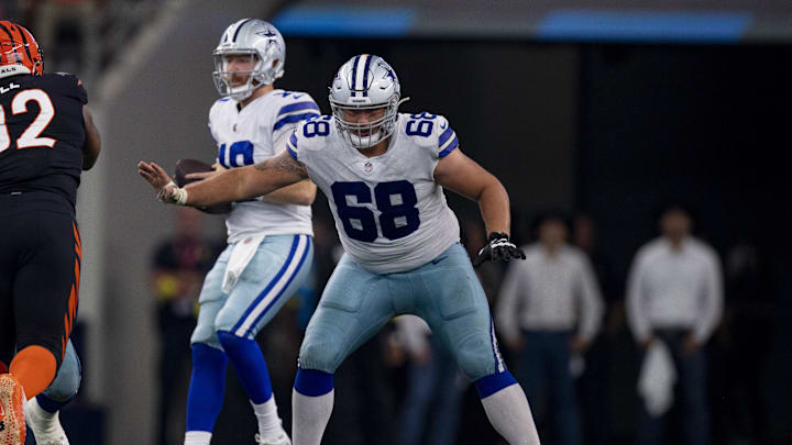 Sep 18, 2022; Arlington, Texas, USA; Dallas Cowboys guard Matt Farniok (68) in action during the game between the Dallas Cowboys and the Cincinnati Bengals at AT&T Stadium. Mandatory Credit: Jerome Miron-Imagn Images Sep 18, 2022; Arlington, Texas, USA; Dallas Cowboys guard Matt Farniok (68) in action during the game between the Dallas Cowboys and the Cincinnati Bengals at AT&T Stadium. Mandatory Credit: Jerome Miron-Imagn Images