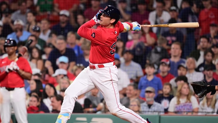 Aug 23, 2024; Boston, Massachusetts, USA; Boston Red Sox first baseman Triston Casas (36) hits a double against the Arizona Diamondbacks during the eighth inning at Fenway Park. Mandatory Credit: Eric Canha-USA TODAY Sports