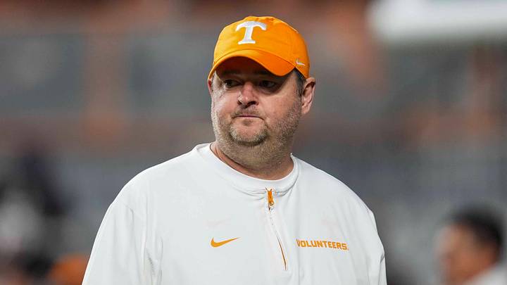 Tennessee coach Josh Heupel during warm-ups before a NCAA football game between the Tennessee Volunteers and Oklahoma Sooners at Neyland Stadium in Knoxville, Tenn., on November 1, 2025.