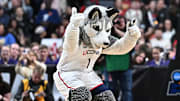 Mar 29, 2025; Spokane, WA, USA; UConn Huskies mascot, Johnathan the Husky performs during the second half of a Sweet 16 NCAA Tournament basketball game against the Oklahoma Sooners at Spokane Arena. Mandatory Credit: James Snook-Imagn Images