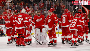 Apr 14, 2025; Detroit, Michigan, USA; The Detroit Red Wings celebrate their win over the Dallas Stars at Little Caesars Arena. Mandatory Credit: Brian Bradshaw Sevald-Imagn Images