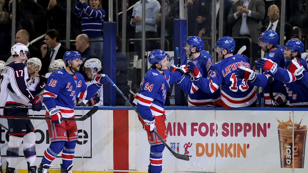 Mar 2, 2026; New York, New York, USA; New York Rangers right wing Gabe Perreault (94) celebrates his goal against the Columbus Blue Jackets with teammates during the third period at Madison Square Garden. Mandatory Credit: Brad Penner-Imagn Images