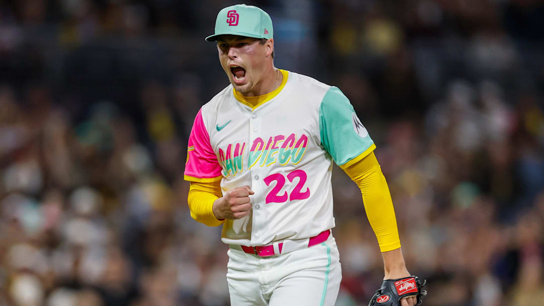 Sep 26, 2025; San Diego, California, USA; San Diego Padres relief pitcher Mason Miller (22) celebrates during the eighth inning Arizona Diamondbacks at Petco Park. Mandatory Credit: David Frerker-Imagn Images