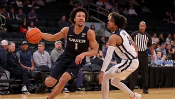 Mar 13, 2024; New York City, NY, USA; Xavier Musketeers guard Desmond Claude (1) drives to the