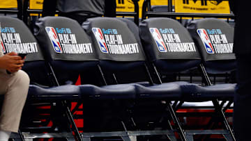 Apr 18, 2025; Memphis, Tennessee, USA; The NBA Logo for the Play-In Tournament on chairs for the game between the Dallas Mavericks and the Memphis Grizzlies at FedExForum. Mandatory Credit: Petre Thomas-Imagn Images