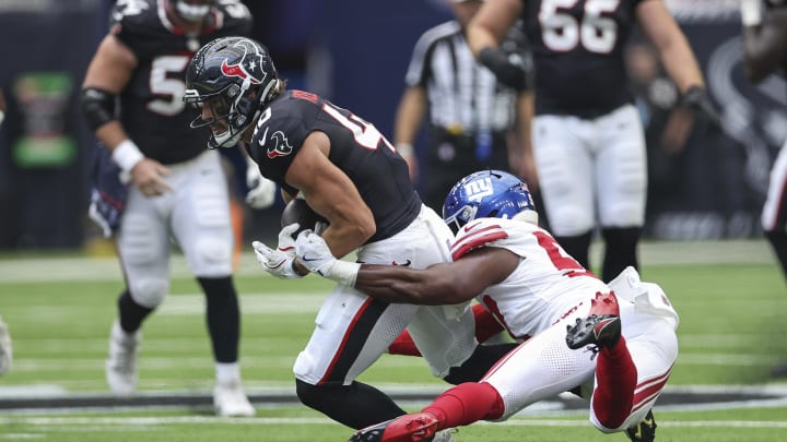 Aug 17, 2024; Houston, Texas, USA; Houston Texans tight end Dalton Keene (40) in action during the game against the New York Giants at NRG Stadium. Mandatory Credit: Troy Taormina-USA TODAY Sports