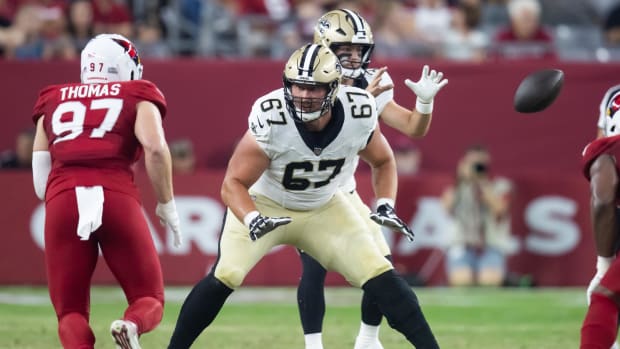 New Orleans Saints  offensive tackle Landon Young (67) against the Arizona Cardinals 