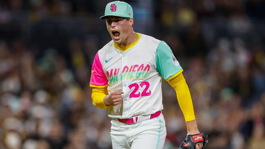 Sep 26, 2025; San Diego, California, USA; San Diego Padres relief pitcher Mason Miller (22) celebrates during the eighth inning Arizona Diamondbacks at Petco Park. Mandatory Credit: David Frerker-Imagn Images
