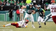 Philadelphia Eagles tight end Dallas Goedert (88) runs with the ball against the Washington Commanders during the first half in the NFC Championship game