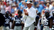 Oct 26, 2024; Oxford, Mississippi, USA; Mississippi Rebels head coach Lane Kiffin reacts during the second half against the Oklahoma Sooners at Vaught-Hemingway Stadium. Mandatory Credit: Petre Thomas-Imagn Images
