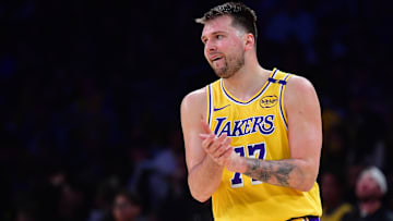 Los Angeles Lakers guard Luka Doncic (77) reacts during the second half in Game 5 of the first round of the 2025 NBA Playoffs at Crypto.com Arena.