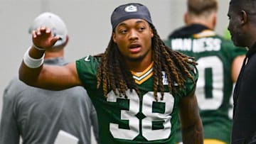 Jun 11, 2025; Green Bay, WI, USA; Green Bay Packers corner back Gregory Junior (38) participates in the team's minicamp at Ray Nitschke Field. Mandatory Credit: Benny Sieu-Imagn Images