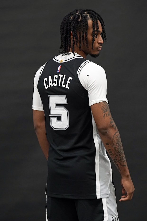 San Antonio Spurs Stephon Castle (5) photos for photos during Media day at Victory Capital Performance Center in San Antonio.