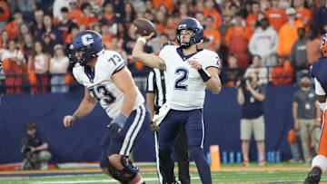 Sep 6, 2025; Syracuse, New York, USA; UConn Huskies quarterback Joe Fagnano (2) throws against the Syracuse Orange during the first half at JMA Wireless Dome. Mandatory Credit: Gregory Fisher-Imagn Images