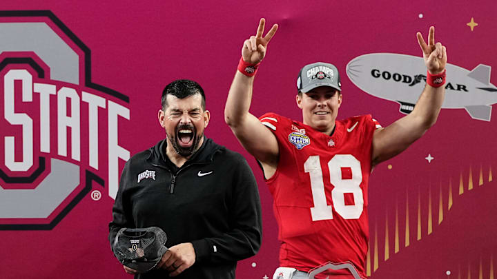 Ohio State Buckeyes head coach Ryan Day celebrates with quarterback Will Howard (18) following the 28-14 win over the Texas Longhorns in the Cotton Bowl Classic College Football Playoff semifinal game at AT&T Stadium in Arlington, Texas on Jan. 10, 2025.