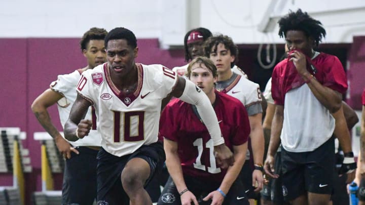 Florida State football wide receiver Malik Benson takes part in the final Tour of Duty winter workouts ahead of 2024 spring practices on Thursday, March 7, 2024.