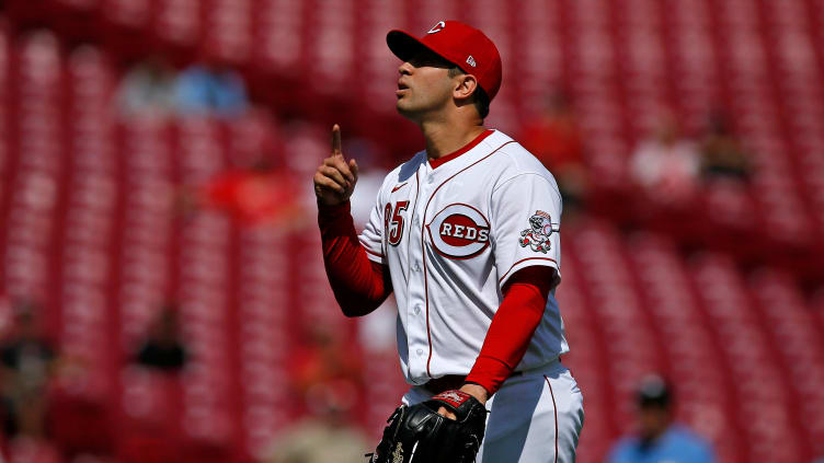 Cincinnati Reds relief pitcher Luis Cessa (85) celebrates after pitching a scoreless seventh inning.