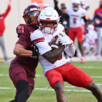 Nov 1, 2025; Blacksburg, Va.; Louisville wide receiver Caullin Lacy (5) catches a pass.