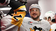 Feb 25, 2025; Philadelphia, Pennsylvania, USA; Pittsburgh Penguins defenseman Vincent Desharnais (7) in the tunnel against the Philadelphia Flyers at Wells Fargo Center. Mandatory Credit: Eric Hartline-Imagn Images