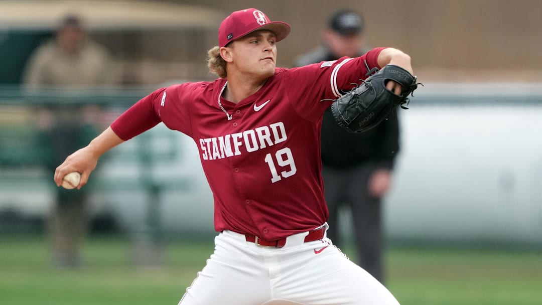 Mar 1, 2025; Stanford, CA, USA; Stanford Cardinal starting pitcher Joey Volchko (19) throws a pitch against the Xavier Musketeers during the second inning at Sunken Diamond. Mandatory Credit: Darren Yamashita-Imagn Images