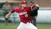 Mar 1, 2025; Stanford, CA, USA; Stanford Cardinal starting pitcher Joey Volchko (19) throws a pitch against the Xavier Musketeers during the second inning at Sunken Diamond. Mandatory Credit: Darren Yamashita-Imagn Images