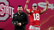 Ohio State Buckeyes head coach Ryan Day celebrates with quarterback Will Howard (18) following the 28-14 win over the Texas Longhorns in the Cotton Bowl Classic College Football Playoff semifinal game at AT&T Stadium in Arlington, Texas on Jan. 10, 2025.