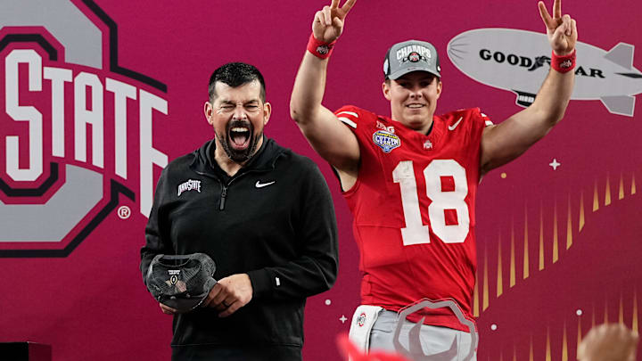 Ohio State Buckeyes head coach Ryan Day celebrates with quarterback Will Howard (18) following the 28-14 win over the Texas Longhorns in the Cotton Bowl Classic College Football Playoff semifinal game at AT&T Stadium in Arlington, Texas on Jan. 10, 2025. Ohio State Buckeyes head coach Ryan Day celebrates with quarterback Will Howard (18) following the 28-14 win over the Texas Longhorns in the Cotton Bowl Classic College Football Playoff semifinal game at AT&T Stadium in Arlington, Texas on Jan. 10, 2025.