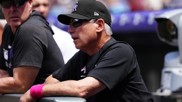 Former Colorado Rockies manager Bud Black watches action from the dugout. 