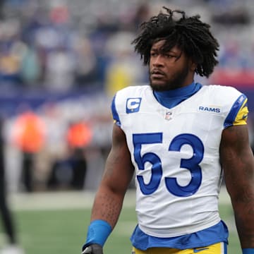 Dec 31, 2023; East Rutherford, New Jersey, USA; Los Angeles Rams linebacker Ernest Jones (53) at MetLife Stadium. Mandatory Credit: Vincent Carchietta-Imagn Images