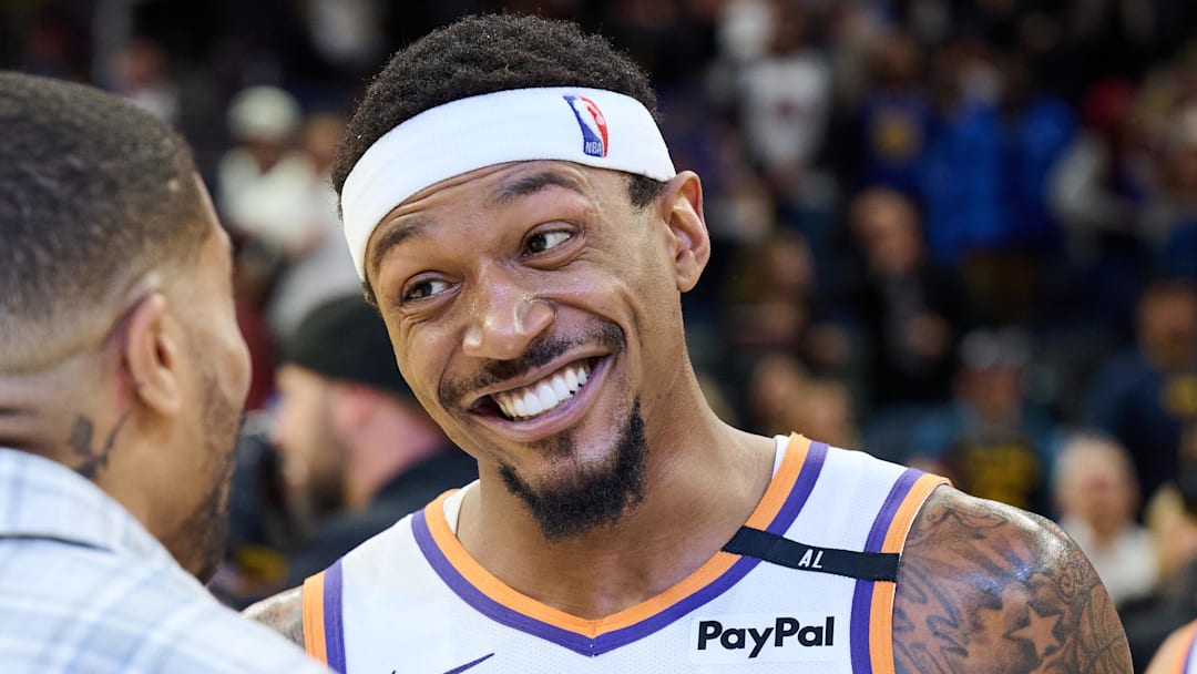Dec 28, 2024; San Francisco, California, USA; Phoenix Suns guard Bradley Beal (3) reacts on the court after the game against the Golden State Warriors at Chase Center. Mandatory Credit: Robert Edwards-Imagn Images