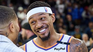 Dec 28, 2024; San Francisco, California, USA; Phoenix Suns guard Bradley Beal (3) reacts on the court after the game against the Golden State Warriors at Chase Center. Mandatory Credit: Robert Edwards-Imagn Images