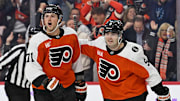 Nov 20, 2025; Philadelphia, Pennsylvania, USA; Philadelphia Flyers right wing Tyson Foerster (71) celebrates his goal with defenseman Jamie Drysdale (9) against the St. Louis Blues during the third period at Xfinity Mobile Arena. Mandatory Credit: Eric Hartline-Imagn Images