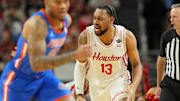 Apr 7, 2025; San Antonio, TX, USA; Houston Cougars forward J'Wan Roberts (13) reacts after a play against the Florida Gators during the second half of the national championship game of the Final Four of the 2025 NCAA Tournament at the Alamodome. Mandatory Credit: Bob Donnan-Imagn Images